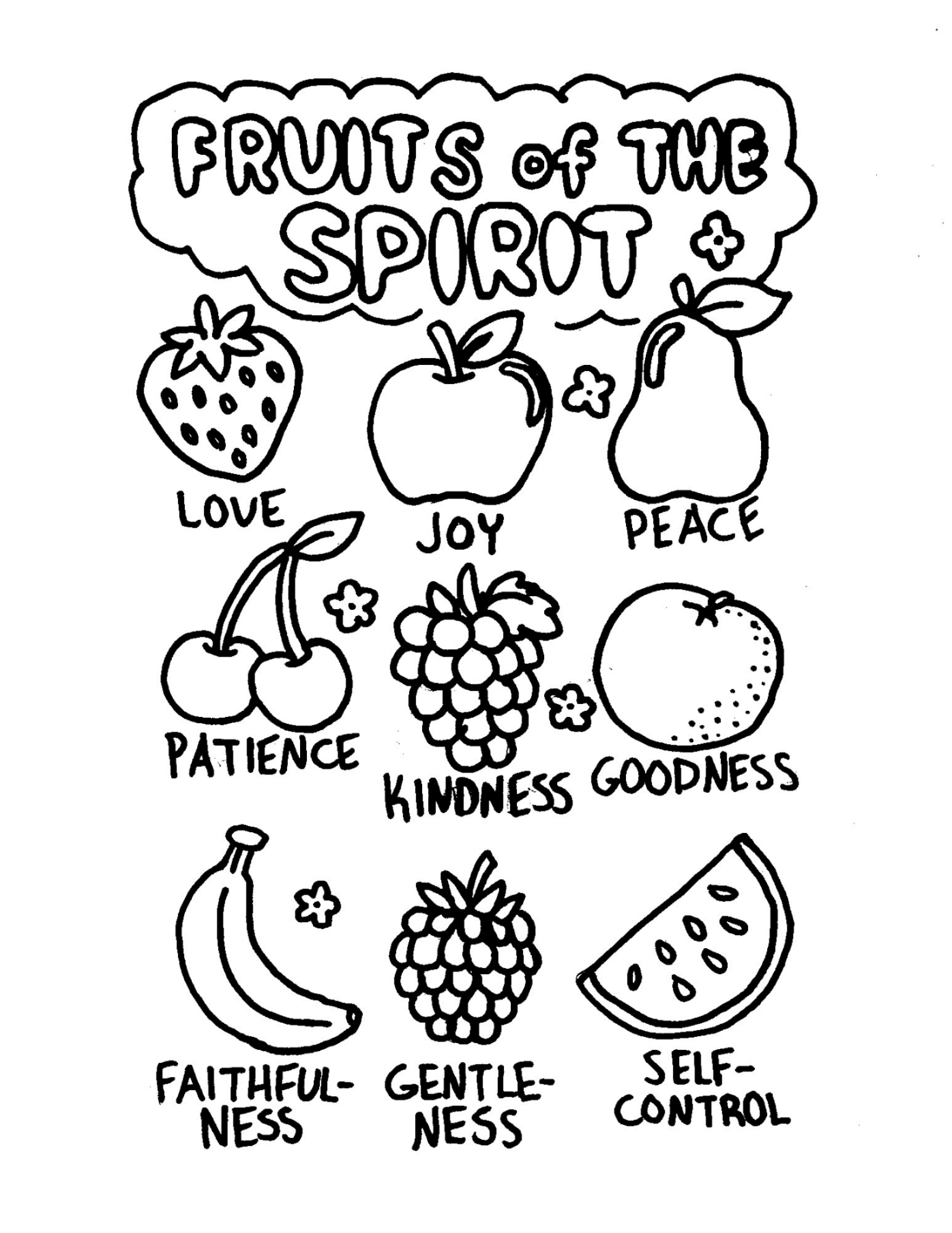 A colouring page featuring 'Fruits Of The Spirit'.